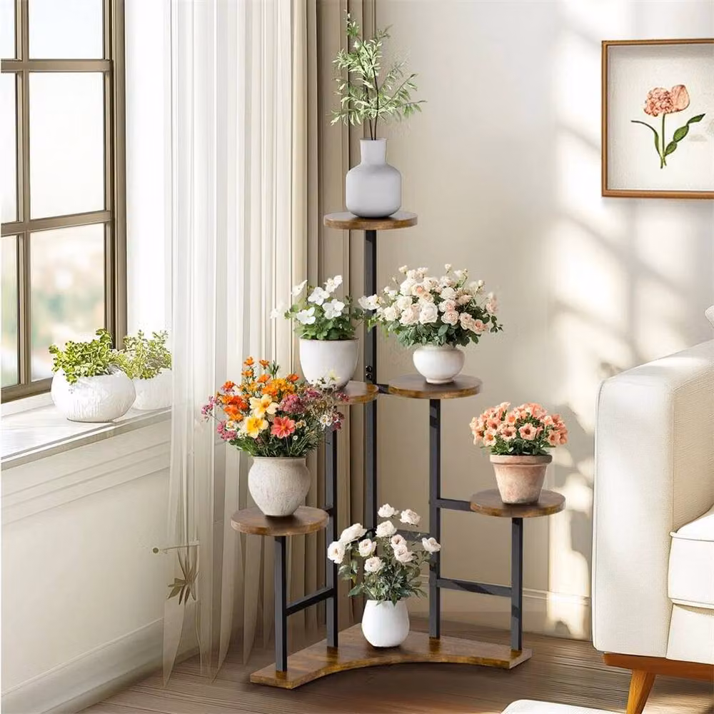 EONLION 6 Tiered Rustic Corner Plant Shelf in Black and Brown with Metal and Wood Construction, W: 100 cm, H: 180.5 cm – 5
