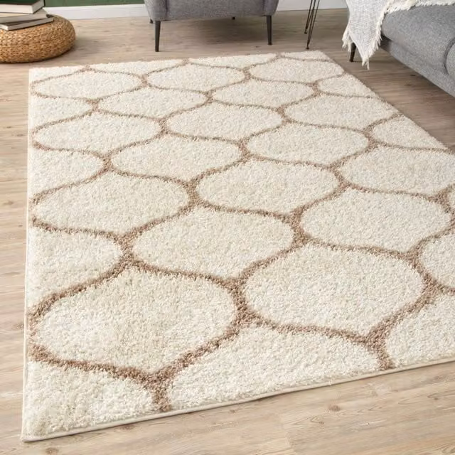 THE RUGS Moroccan Soft High Pile Shaggy Trellis Rug in Ivory, W: 140 cm, L: 200 cm