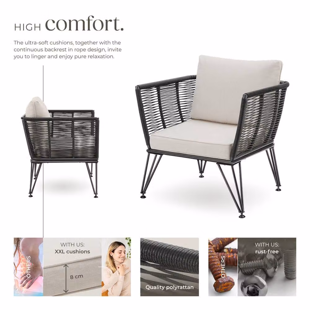 tectake Sundo Garden Chair Set for 4 People in Grey and Black with Rattan and Steel Frame – 3