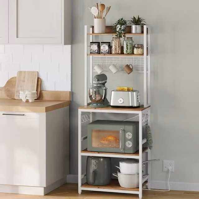 VASAGLE Compact Freestanding Kitchen Rack with Power Outlet and Adjustable Shelves in Brown – 1
