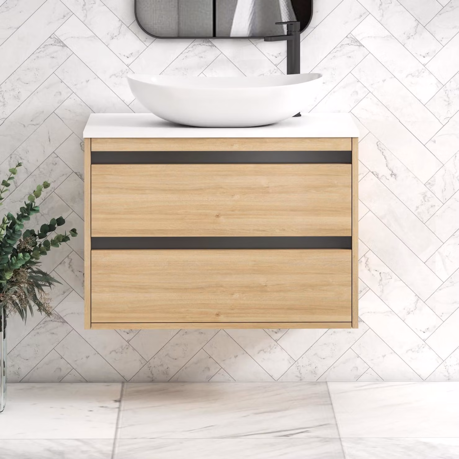 Royal Bathrooms Orion 800mm Wall Hung Vanity Unit in Natural Oak with Plain White Cesar Basin and Black Accent Trim