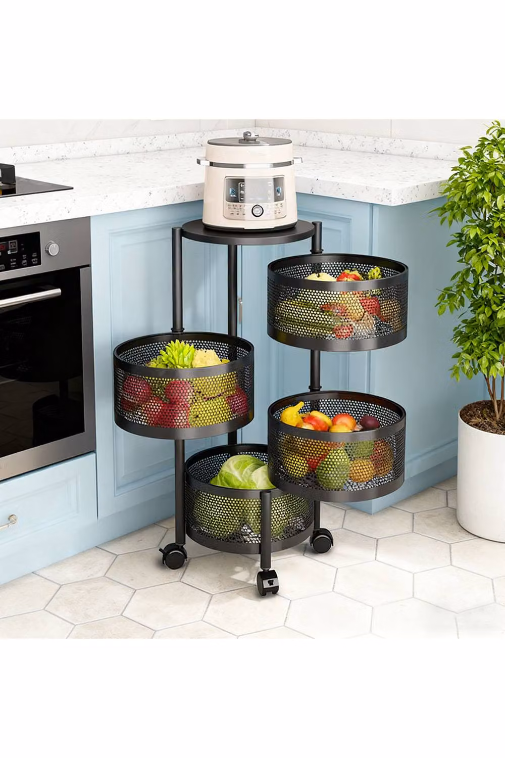 Living and Home Large Kitchen Storage Organiser with Rotating Metal Baskets and Castors in Matt Jet Black – 3