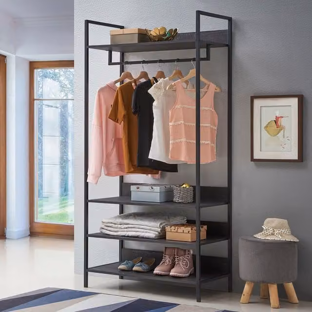 Timber Art Design Zahra Open Wardrobe with Four Shelves in Black, W: 83.8 cm – 1