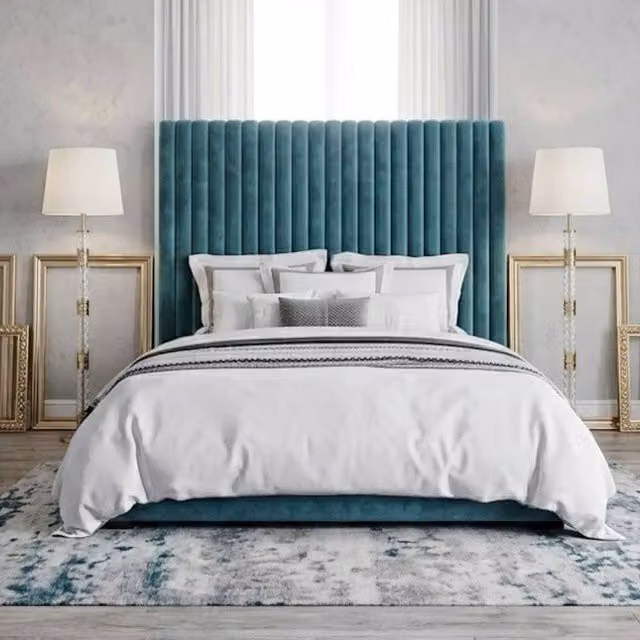 Stratus Interiors Romana Slim Paneled Upholstered Bed Frame in Petrol Blue, Single Size (90 x 200 cm)