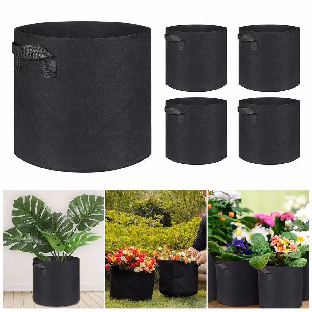 FLAVORA 5-Piece Black Plastic Large 5 Gallon Plant Growing Planter Bags for Vegetable and Ornamental Gardens – 4