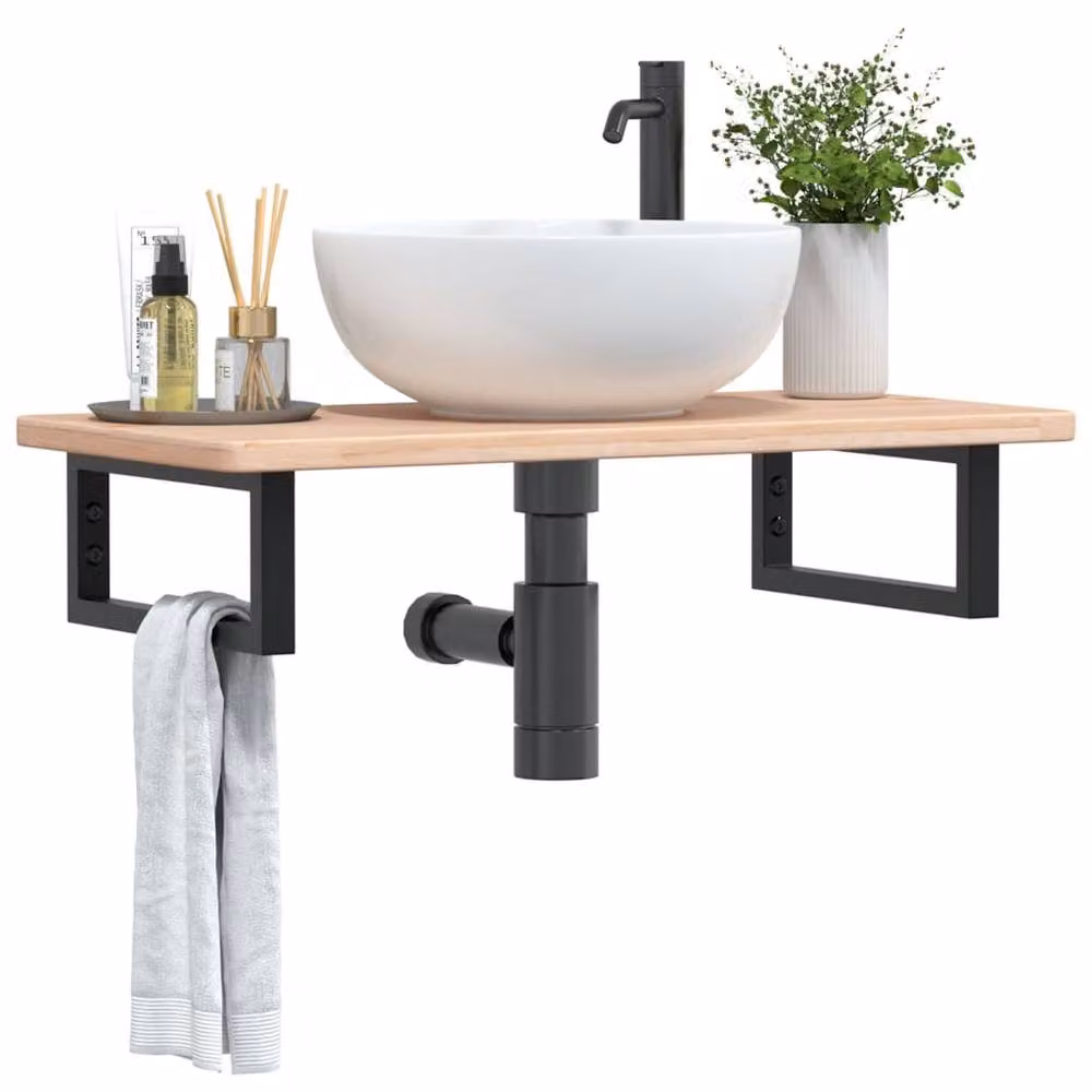 Berkfield Home Elegant Wall Mounted Basin Shelf in Natural Oak and Black Steel – 2