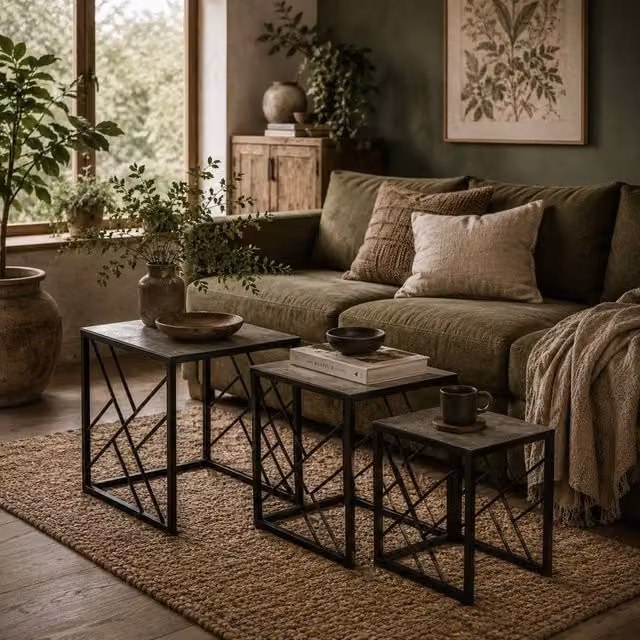 Wyld Haus Safi Set of 3 Grey Square Nesting Side Tables with Black Metal Frame