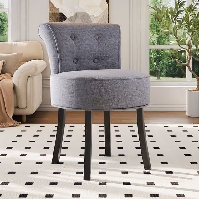 Komore Grey Linen Upholstered Dressing Stool with Thick Cushion
