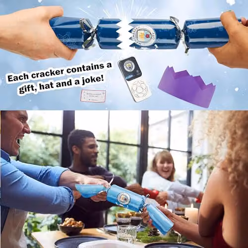 Manchester City F.C. Luxury Christmas Crackers, Pack of 6 Blue and Multicolour Festive Party Crackers with Football Collectibles – 3
