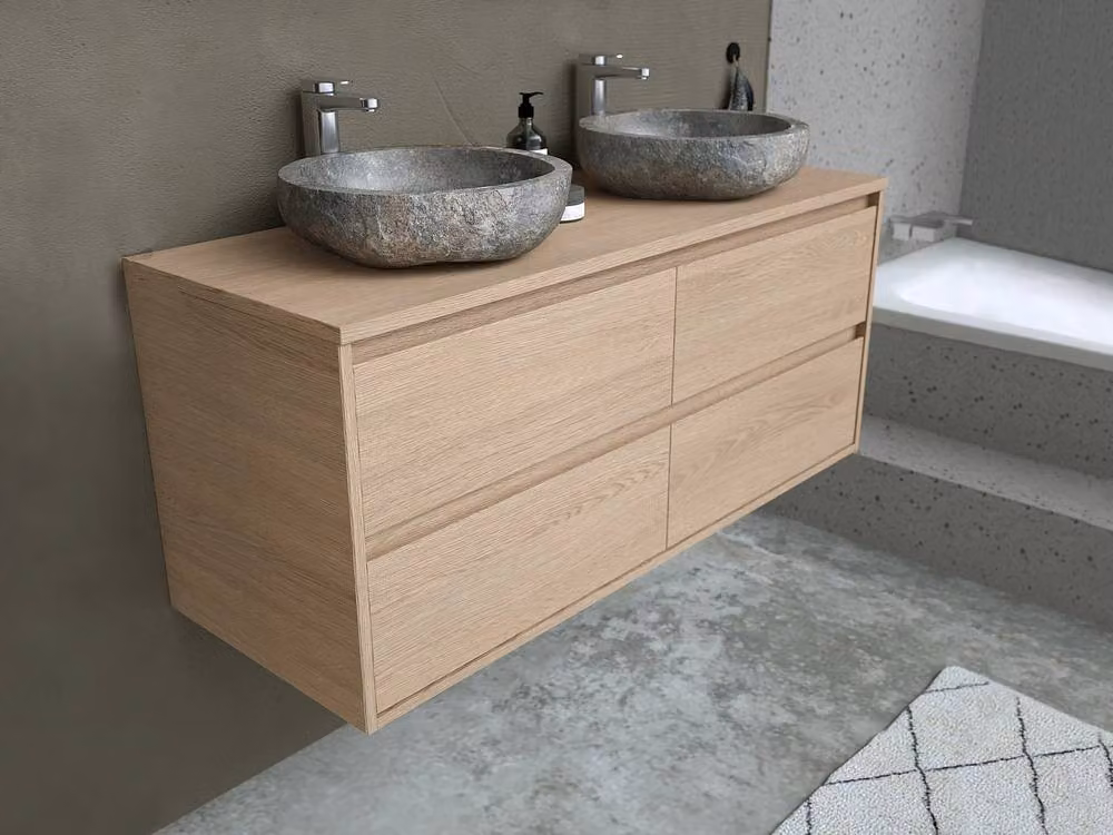 Milipam Scandinavian Style Bathroom Furniture with Double Stone Basin in Light Oak, W: 120 cm, D: 45 cm, H: 50 cm – 3
