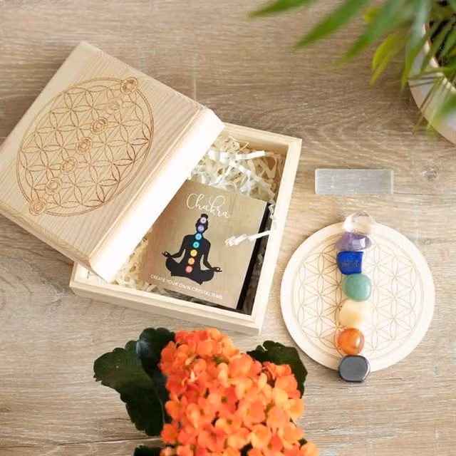 Uniqueful Chakra Crystal Grid Gift Set with Round Geometric Wooden Tabletop