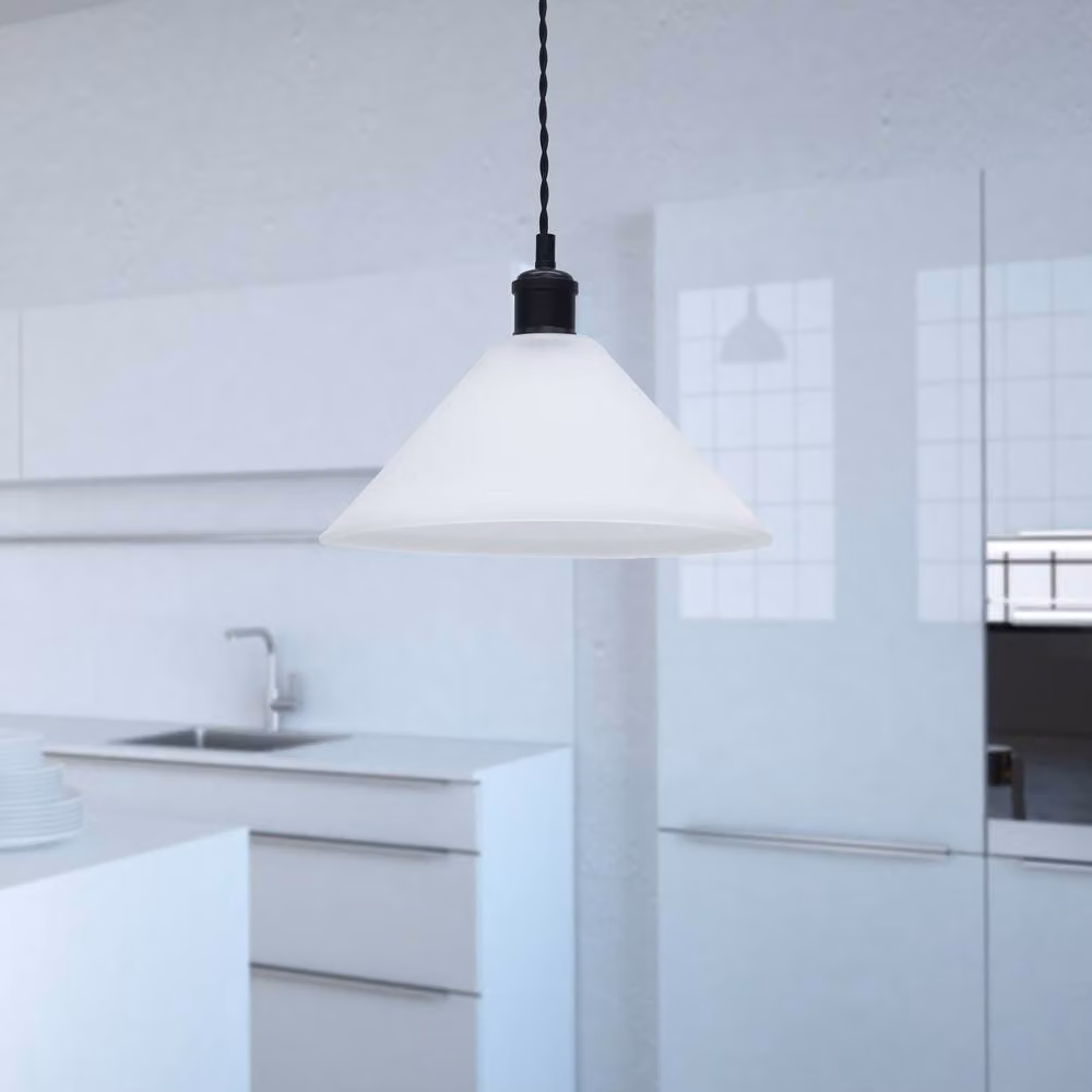 First Choice Lighting Fenton Black and White Frosted Glass Pendant Light, Height Adjustable and Dimmable – 3