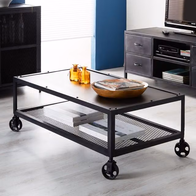 IH Design Industrial Rectangular Metal Coffee Table in Black with Castors