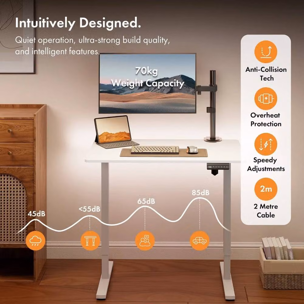 NESTLUNE Electric Height Adjustable Standing Desk in White for Home Office, W: 100 cm, D: 60 cm – 3