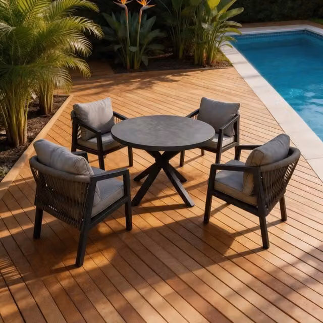Furniture One Modern Powder Coated Aluminium Round Garden Table and 4 Chair Set in Matt Grey