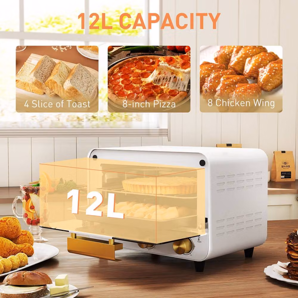 HOMCOM 12L Mini Countertop Toaster Oven with Grill and Glass Door, White – 3