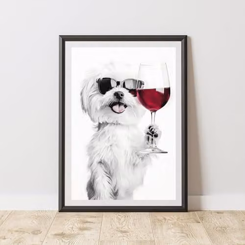 60 Second Makeover Funny Maltese Drinking Wine Paper Poster, Black and White, A4