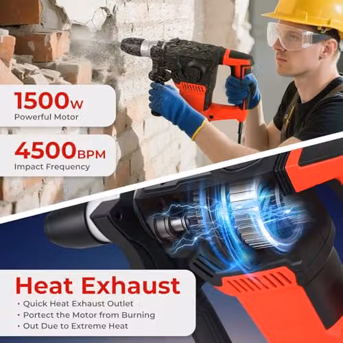 Traderight 1500W SDS Plus Rotary Hammer Red 4-Mode Professional Demolition Drill with 8J Impact Energy and 4500BPM – 5