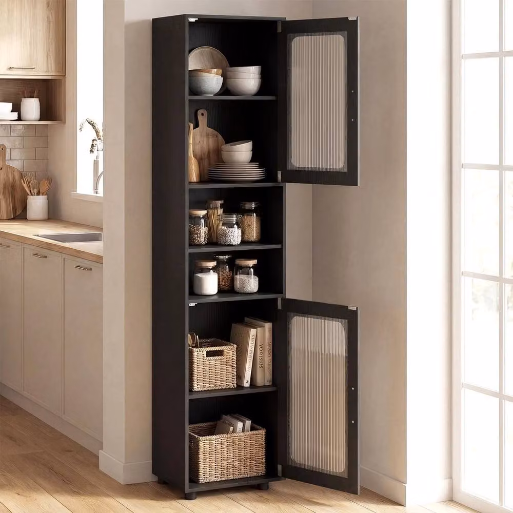 Havendro Slim Floor Cabinet Bathroom Storage Organiser with 2 Fluted Doors in Black, H 170 x W 40 x D 2 cm – 3