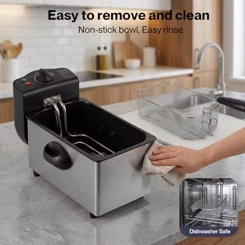 Spector 3L Deep Fat Fryer, 2000W Stainless Steel Electric Chip Fryer in Silver with Adjustable Temperature 90-190°C and Removable Non-Stick Bowl – 5