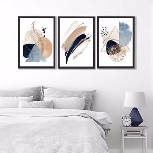 ARTZE Set of 3 Abstract Blue and Beige Watercolour Shape Paper Posters, W: 42 cm x H: 59 cm