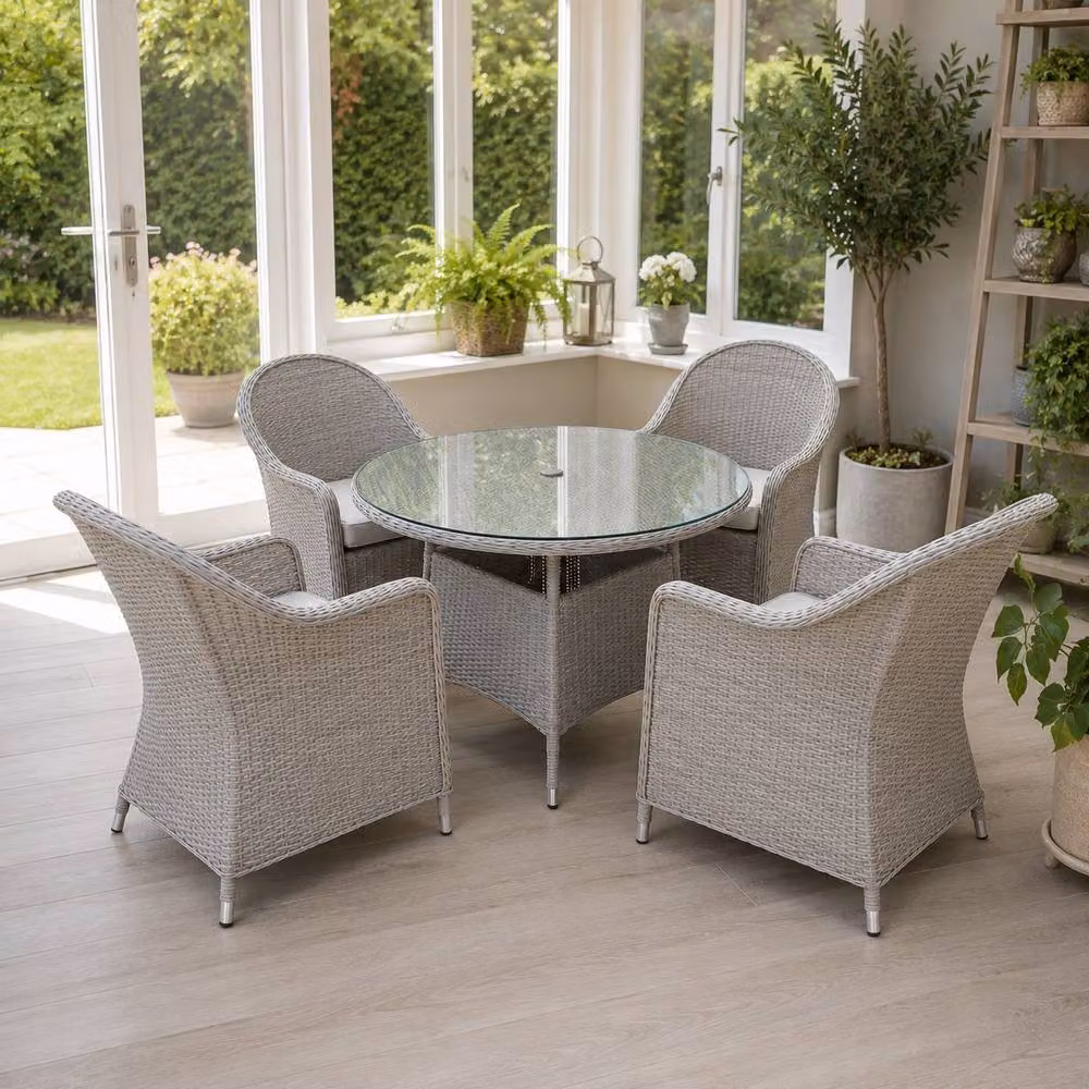 Shatchi Sorrento 4-Seater Rattan Round Garden Dining Table and Chairs Set in Sand with Powder Coated Aluminium Frame – 4