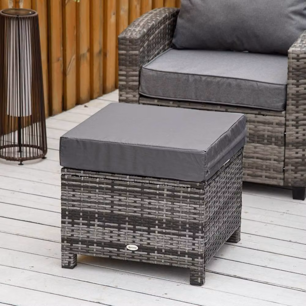 VOGREX Grey Rattan Wicker Ottoman with Padded Seat for Garden and Backyard – 3