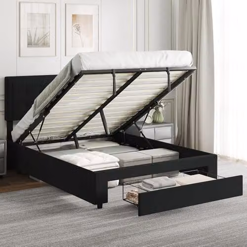HOMCOM Black Velvet Upholstered Double Ottoman Bed with Lift-Up Storage Base, W: 140 cm, D: 190 cm, H: 95 cm