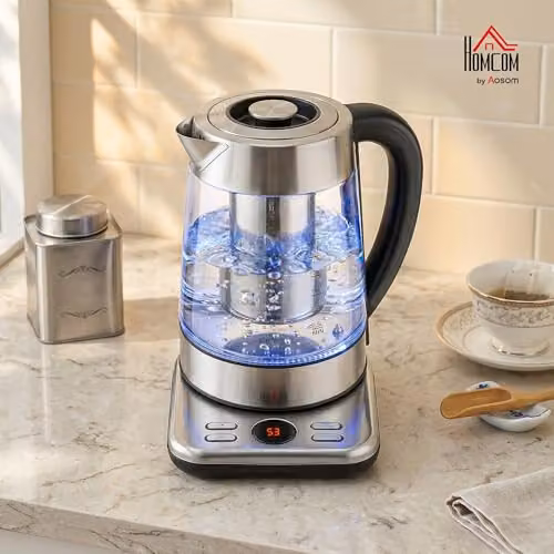 HOMCOM Electric Glass and Stainless Steel Tea Kettle with Sieve, 1.7 l, Silver Tone, 3 kW with PID Control and Keep Warm Function – 2