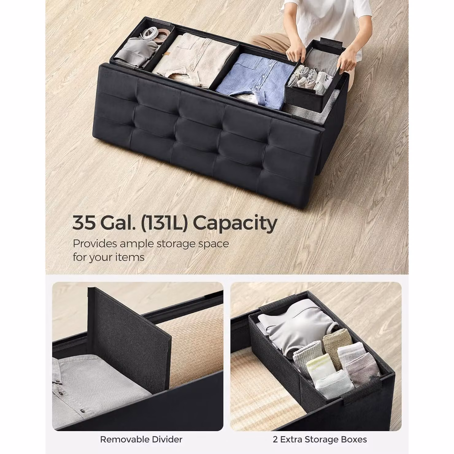 SONGMICS Extra Large Foldable Storage Ottoman Cube Heavy Duty Velvet Bench in Black – 4