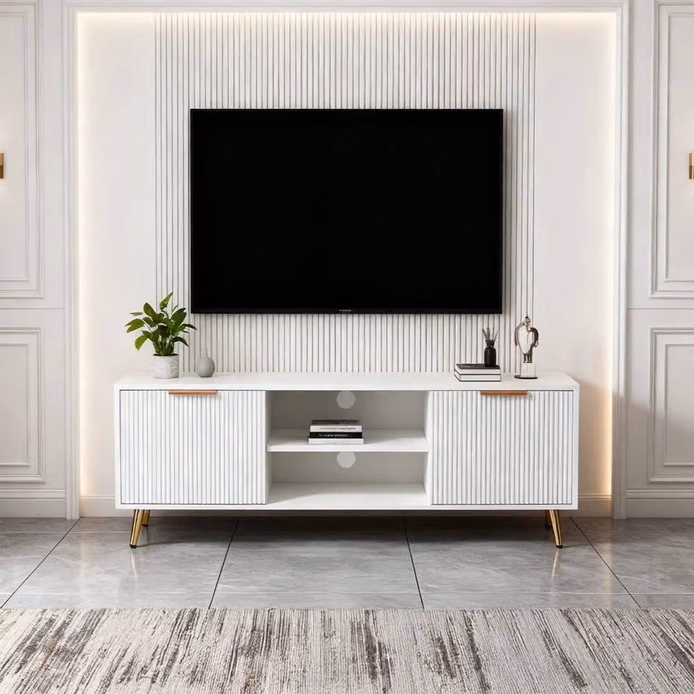 KORVIXA Modern Mid-Century TV Stand Cabinet in White with Open Storage and 2 Doors, W/D/H: 100 x 100 x 100 cm – 2