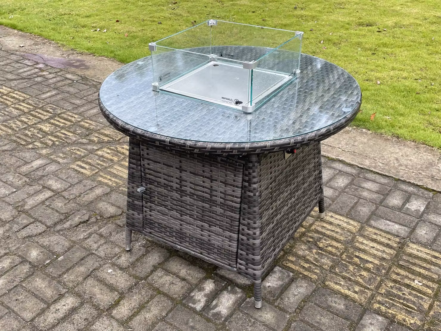 Fimous Rattan Gas Fire Pit Round Dining Table and Dining Chairs Set in Dark Grey – 2