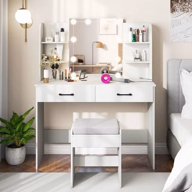 Costway Modern Vanity Desk and Chair Set with Hollywood LED Mirror in White – 1