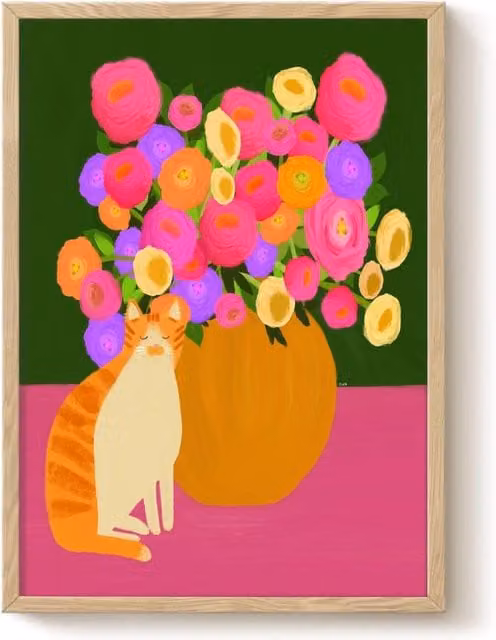 The Paper Tail Ginger Cat and Roses Multicolour Floral Art Print A4