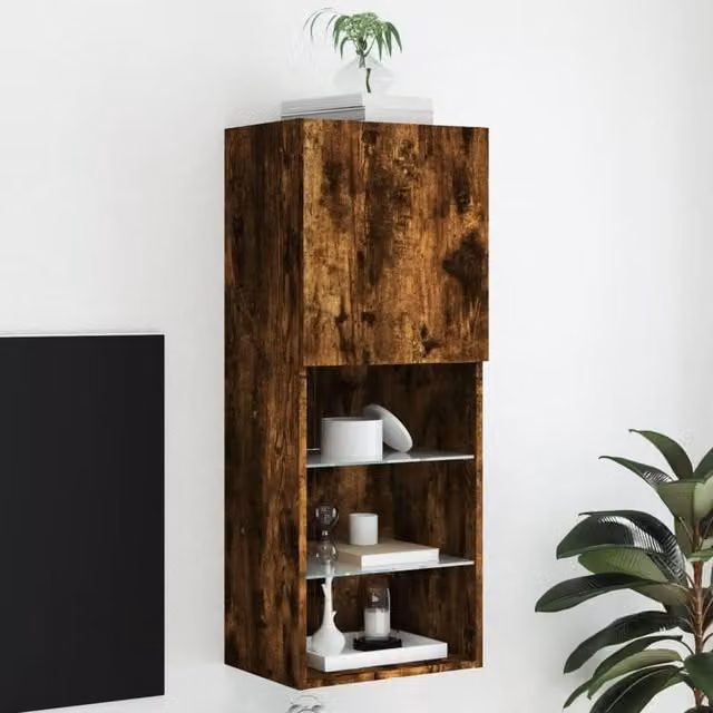 Berkfield Home Modern TV Cabinet with LED Lights in Smoked Oak Brown, W/D/H: 40.5 x 30 x 102 cm