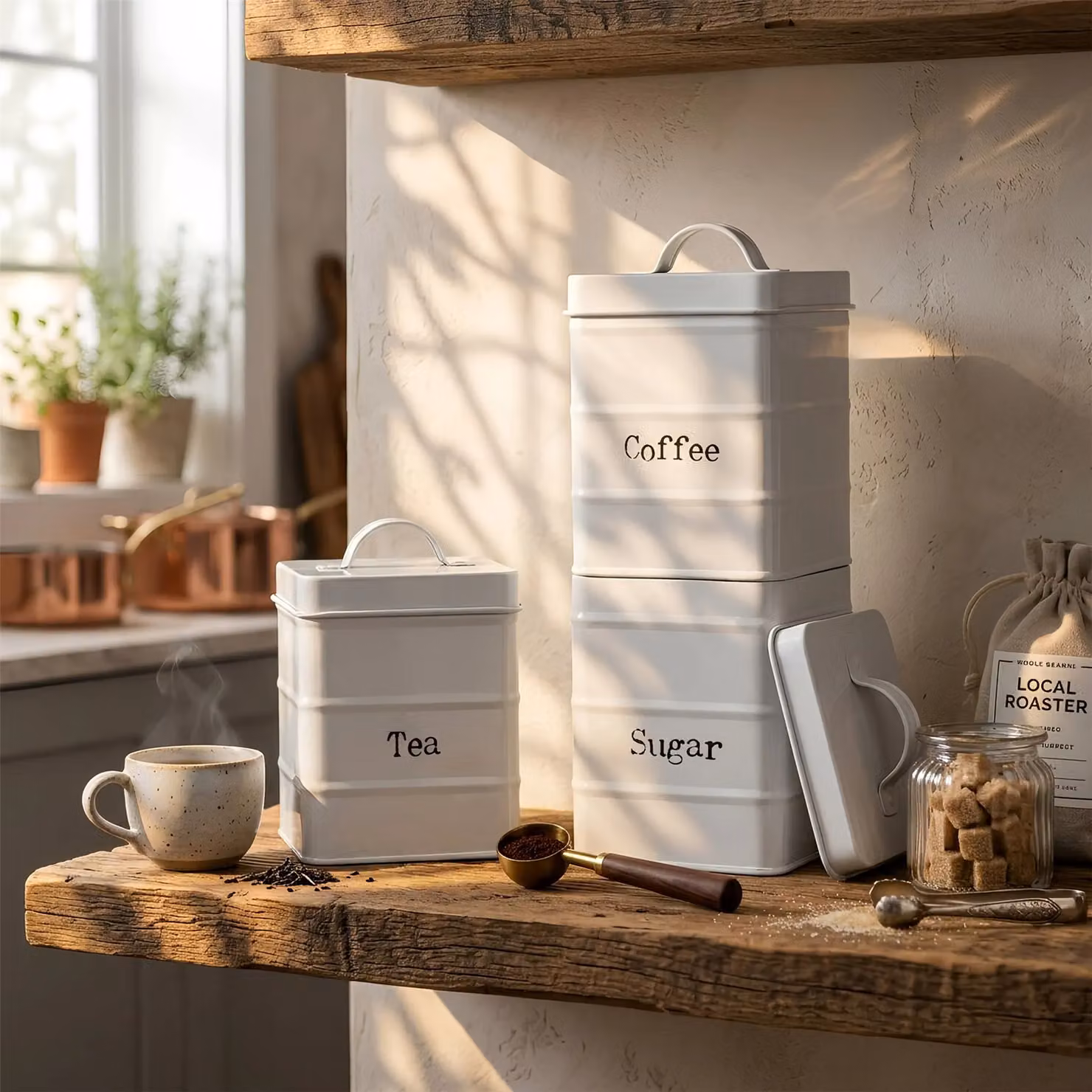Harbour Housewares Metal Tea Coffee Sugar Canister Set in Beige and White with Airtight Lids – 7