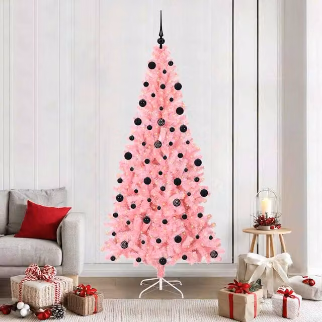 Berkfield Home Pink PVC Christmas Tree with 300 LEDs and Stand, Height: 210 cm