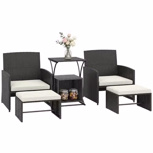 Outsunny 6 Piece L-Shape Rattan Garden Furniture Set with Upholstered Cushions and Coffee Table in Black