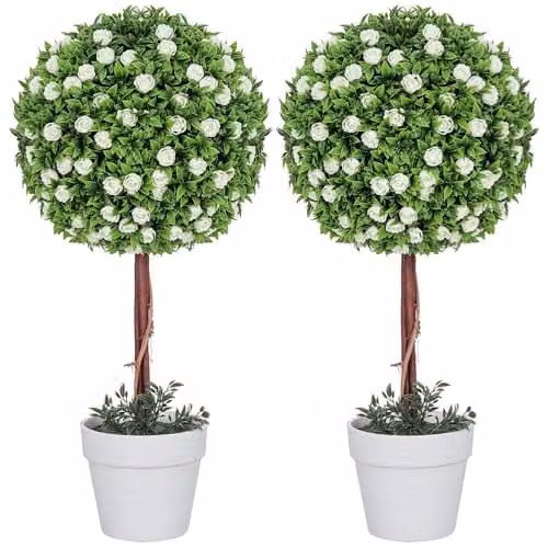 HOMCOM Set of 2 Decorative Artificial Rose Ball Topiary Trees in White, Pink and Green, Height: 60 cm – 1