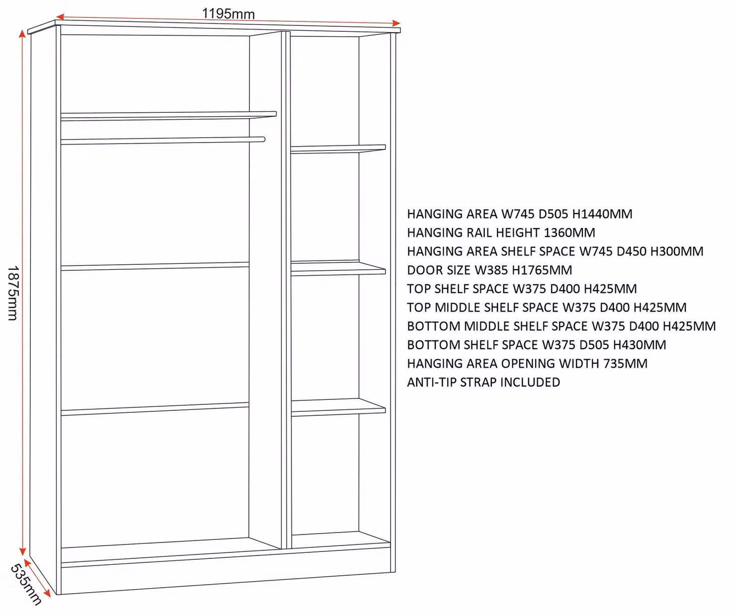 Seconique Portland 3 Door Wardrobe in Grey and Oak Effect, W/D/H: 119.5 x 53.5 x 187.5 cm – 5