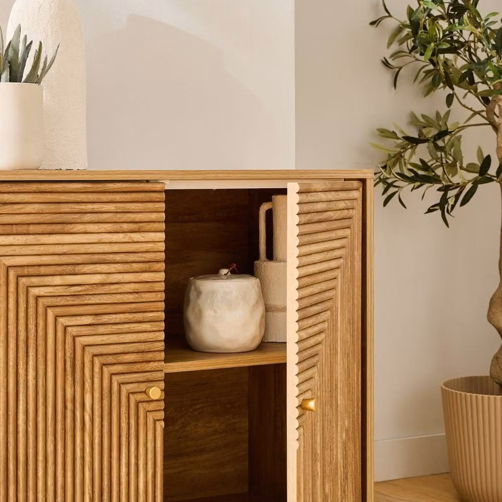CALICOSY EDEN 2-Door Sideboard with Slatted Fronts in Light Brown and Gold – 3
