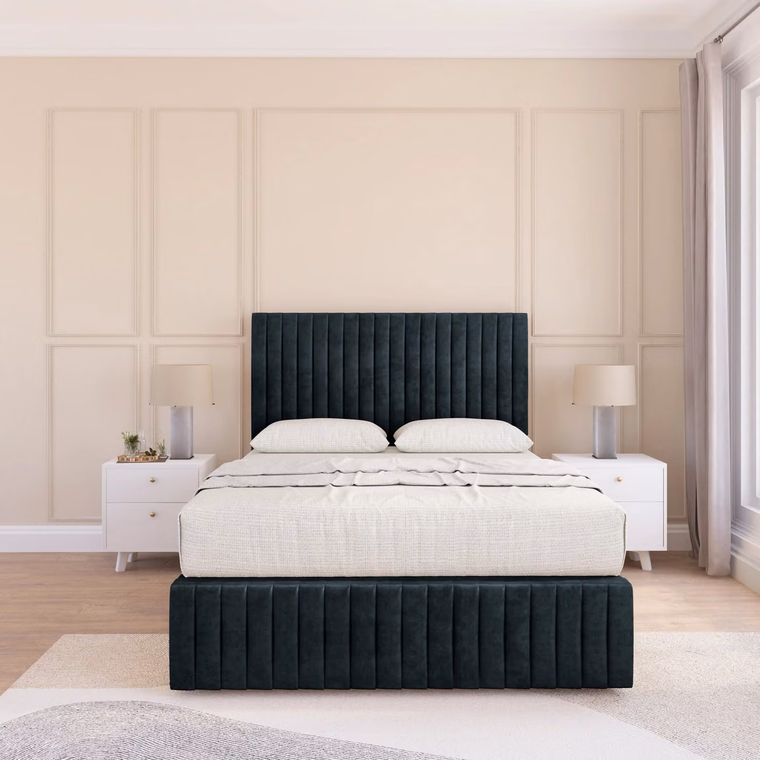 Sloomy Madison Divan Bed Base with 12 inch Footboard and 54 inch Floor Standing Headboard, Black Velvet Upholstered, W/D/H: 120 x 200 cm
