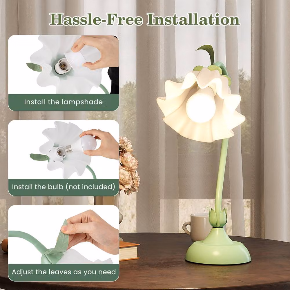 Gymax Green Nightstand Lamp with Lily of the Valley Decorative Lampshade and Adjustable Metal Base – 6