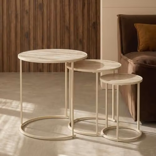 OHS Manhattan Nest of 3 Round Side Coffee Tables in Beige Marble Effect