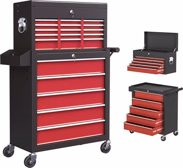 HOMCOM Rolling Tool Cabinet with 14 Drawers, Pegboard, Side Rack and Lockable Top Chest in Red Steel, W/D/H: 109 x 45 x 60 cm
