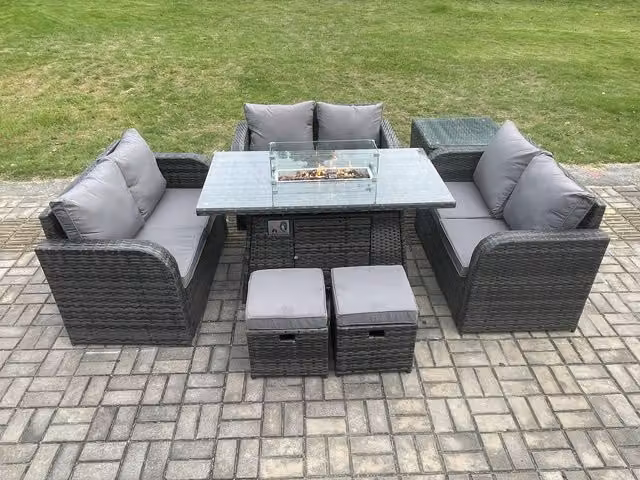 Fimous Rattan Outdoor Garden Furniture Set in Dark Grey with Gas Fire Pit Dining Table, Love Sofa, 2 Small Footstools and Side Tables