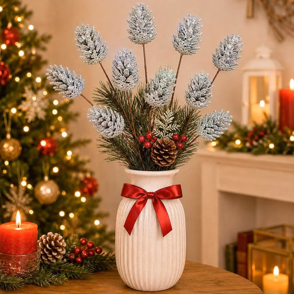 Shatchi Glitter Silver Pine Cone Christmas Picks, 6 Pack, Height: 58 cm – 2