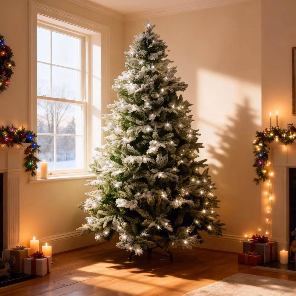 Shatchi Lapland Pre-Lit Artificial Christmas Tree with LED Cool White Lights and Snow Flocked Tips in Green, Height: 304.8 cm – 2
