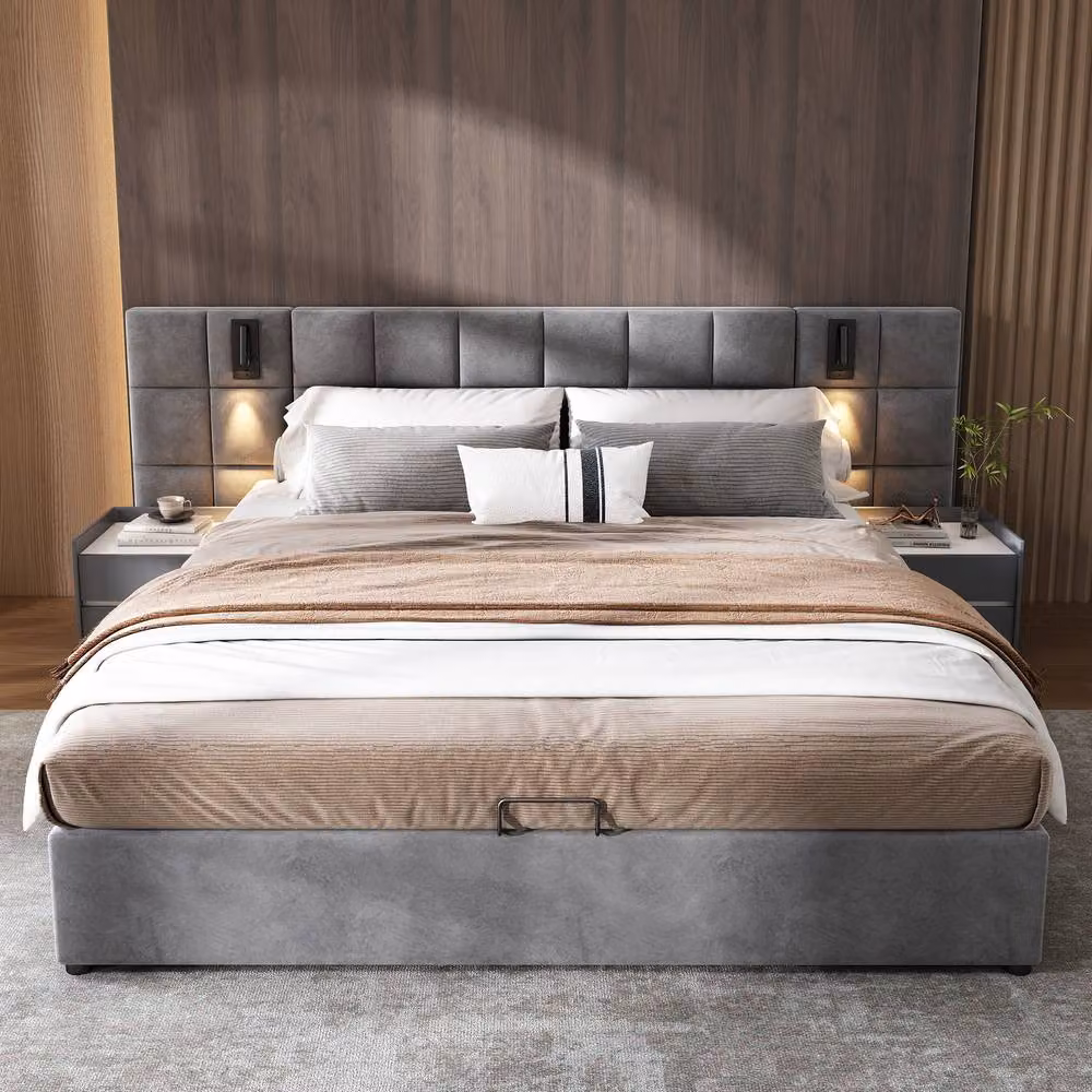 STILVORA Grey Velvet Upholstered King Size Bed with Storage, USB Charging Port and Integrated Reading Light, W/D/H: 180 x 200 x 152.4 cm – 2