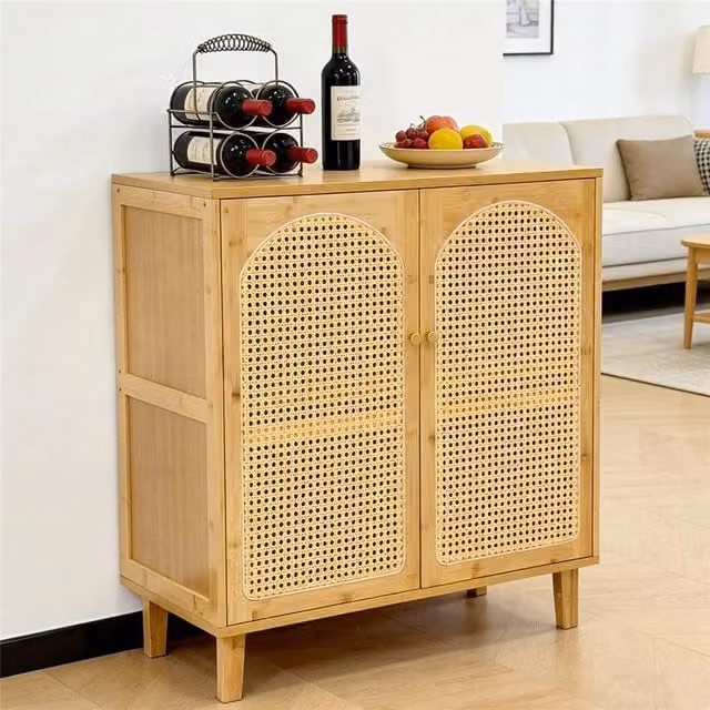 KORVIXA Bamboo Boho Kitchen Sideboard and Buffet Pantry Storage Cabinet in Natural Brown, W/D/H: 100 x 100 x 100 cm
